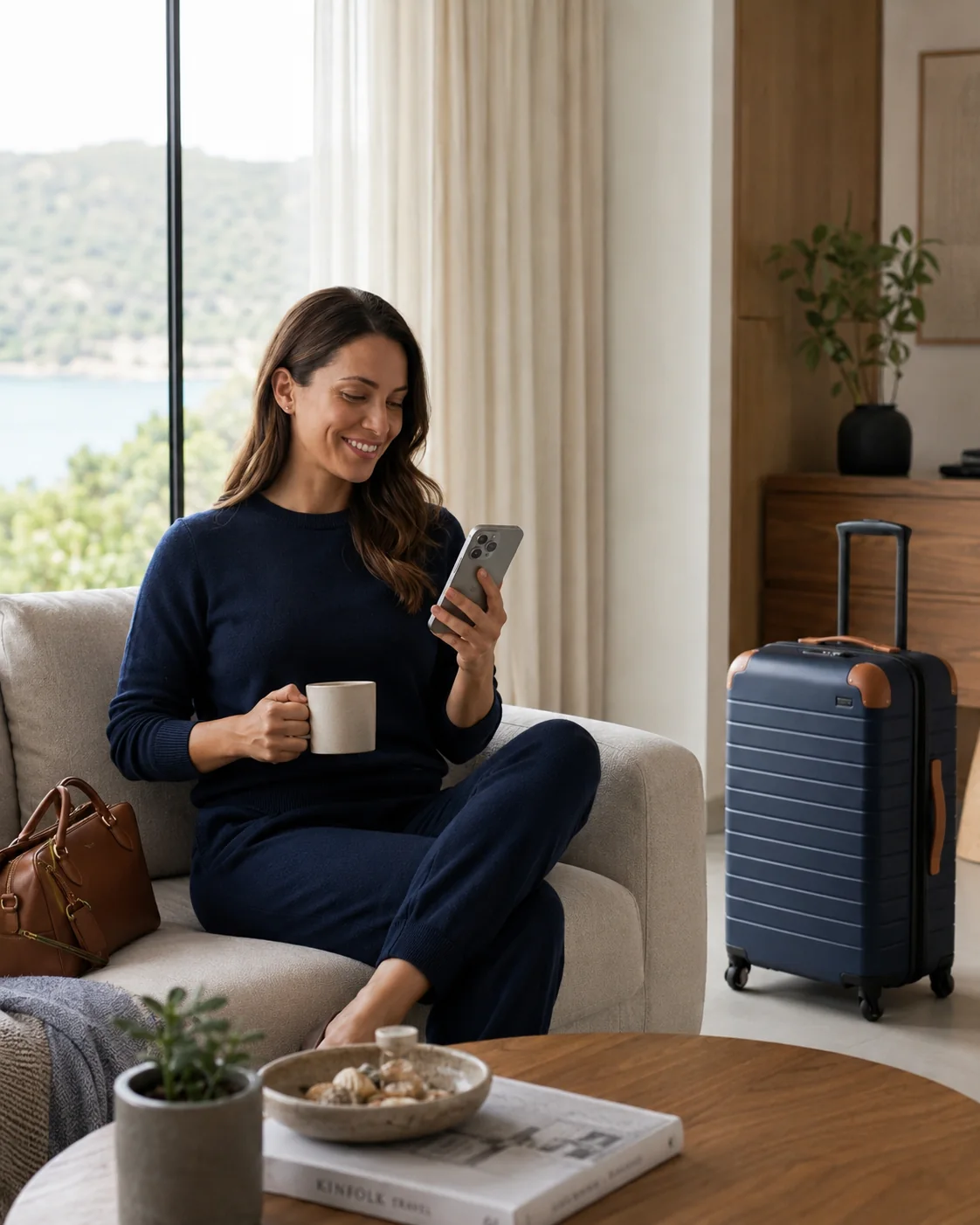 Guest using a phone after arriving at a premium rental property